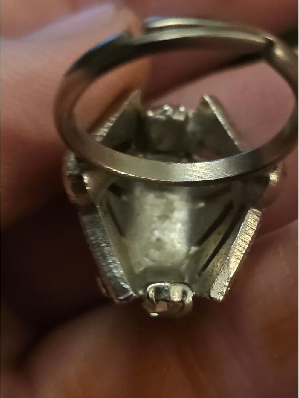 Silver Tone Rhinestone Dome Art Deco Fan Cocktail Ring Adjustable